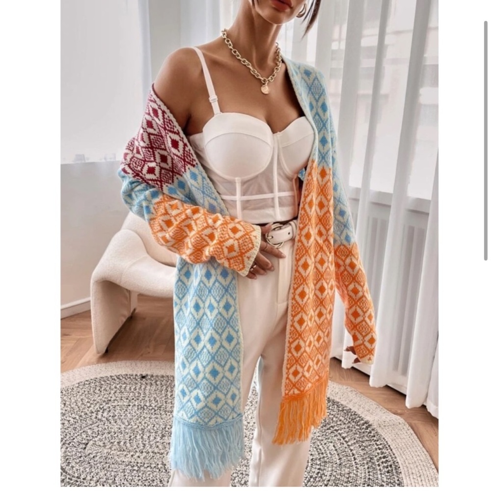 Boho Aztec Print Fringe Hem Long Cardigan